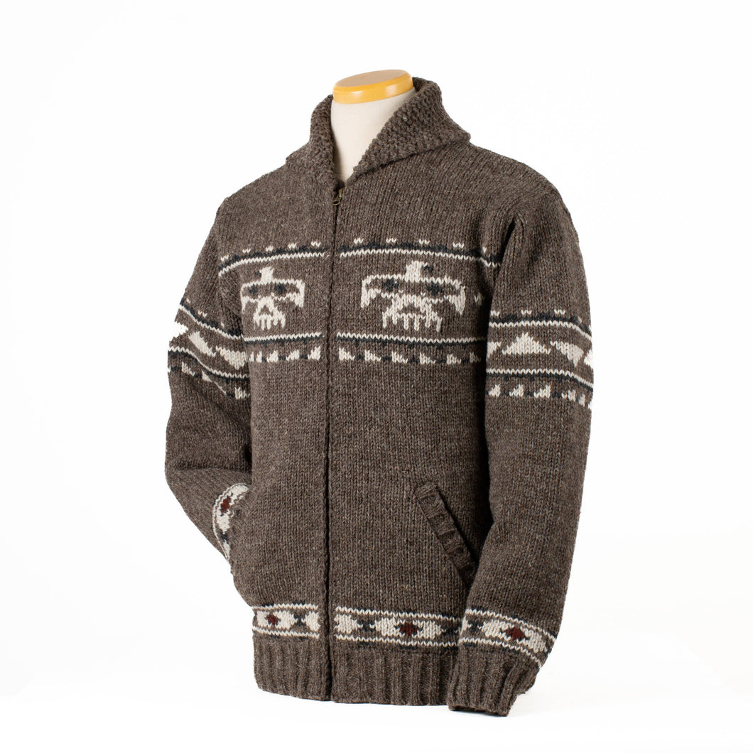 Lost Horizons Knitwear - Eagle Sweater Jacket – Thunderbird Design: Dark Natural / L