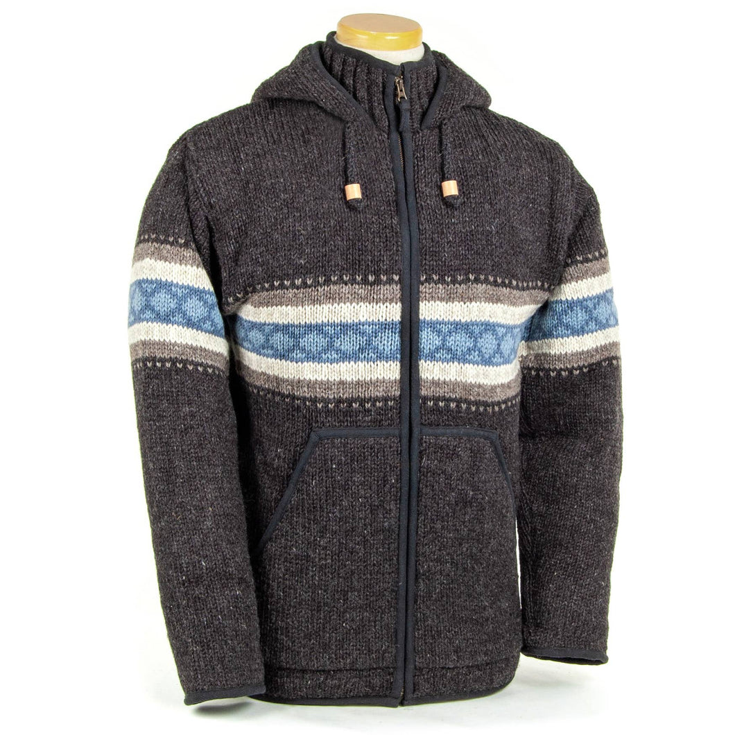 Lost Horizons Knitwear - Wayne Wool Zip Hoodie Sweater Jacket: Black Natural / L